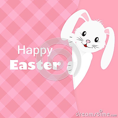 Happy easter pink greeting card with cute white rabbit Vector Illustration