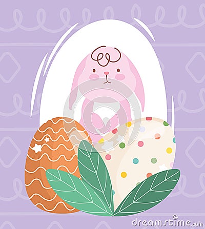 Happy easter pink rabbit and decortive eggs foliage Vector Illustration