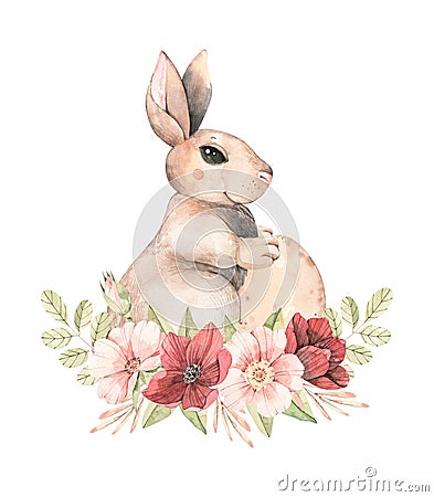 Happy Easter. Pink roses blossom and bunny. Bouquet with gentle rose, bud, branches, green leaves. Watercolor botanical Cartoon Illustration