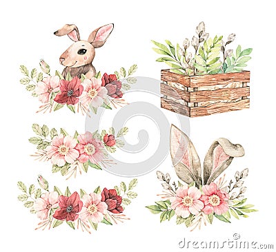 Happy Easter. Pink roses blossom and bunny. Bouquets with gentle rose, bud, branches, green leaves. Watercolor botanical Cartoon Illustration