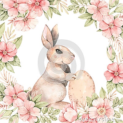 Happy Easter. Pink roses blossom and bunny. Frame with gentle rose, bud, branches, leaves, rabbit, egg. Watercolor botanical Cartoon Illustration