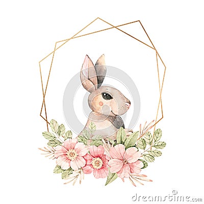 Happy Easter. Pink roses blossom, bunny and golden frame. Bouquet with gentle rose, bud, green leaves. Watercolor botanical Cartoon Illustration