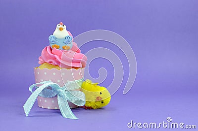 Happy Easter pink, yellow and blue cupcake with cute chicken decoration - copy space Stock Photo