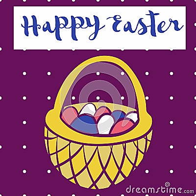 Happy easter poster, bascet wiith eggs. Card for Easter. Vector Illustration