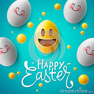 Happy Easter poster, easter eggs with cute smiling emoji faces, vector Vector Illustration