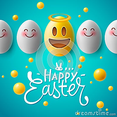 Happy Easter poster, funny easter eggs with smiling emoji faces, vector. Vector Illustration