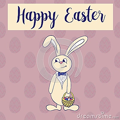 Happy easter poster, rabbit boy keeps egg bascet. Vector Illustration