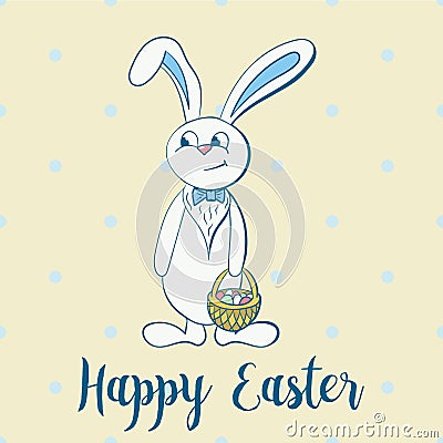 Happy easter poster, rabbit boy keeps egg bascet. Vector Illustration