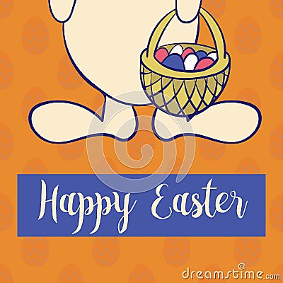 Happy easter poster, rabbit boy keeps egg bascet. Vector Illustration