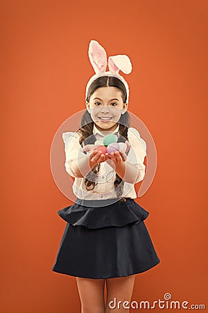 happy easter. preparing for Easter. small girl wear bunny ears. little kid in rabbit costume. spring holiday celebration Stock Photo