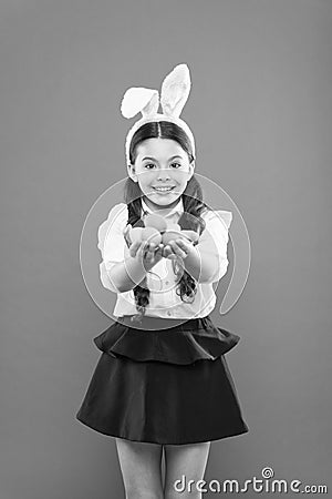 happy easter. preparing for Easter. small girl wear bunny ears. little kid in rabbit costume. spring holiday celebration Stock Photo