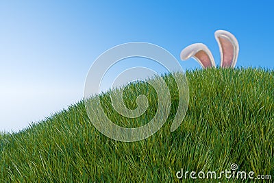Happy easter. Rabbit ears stick out from a hill in a meadow in the grass. Stock Photo