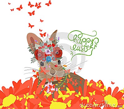 Happy easter with rabbit, sunflowers and butterflies background Vector Illustration