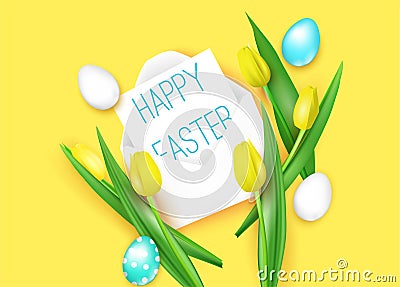 Happy easter, realistic vector illustration with yellow tulips and bright decorated eggs. Vector Illustration