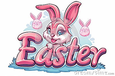 Happy easter red currant Eggs Bounding Basket. White decorated egg Bunny figure. Easter love background wallpaper Cartoon Illustration