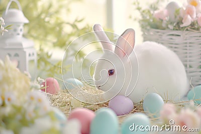 Happy easter Red Marigold Eggs Pure Basket. White reflection Bunny springtime. hollyhocks background wallpaper Cartoon Illustration