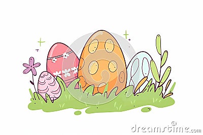 Happy easter resurrection celebration Eggs Concealed Easter Discoveries Basket. White lilac Bunny brand. Pastel background Cartoon Illustration