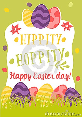 Happy Easter retro Card with Eggs, Grass, Flowers. Cute Vector illustration phrase Hippity, hoppity Vector Illustration