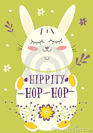 Happy Easter retro Card with rabbit, Eggs, Flowers. Cute Vector illustration with phrase Hippity, hop-hop. Holiday Vector Illustration