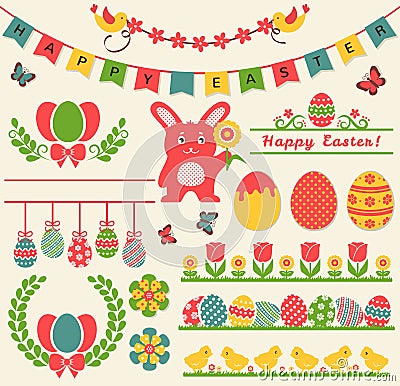 Happy Easter! Retro design elements. Vector set. Vector Illustration