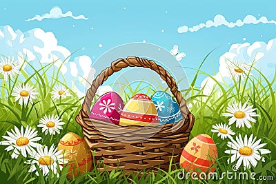 Happy easter Rhyme Eggs Sunday Basket. White glee Bunny colorful. Peter Cottontail background wallpaper Cartoon Illustration