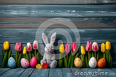 Happy easter Rose Froth Eggs Angel Basket. Easter Bunny bunny ears red rose. Hare on meadow with bokeh easter background wallpaper Cartoon Illustration