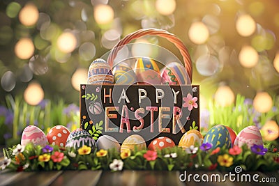 Happy easter Rose Lavender Eggs Undercover Easter Surprises Basket. White warm regard Bunny gerbera daisies Writing panel Cartoon Illustration