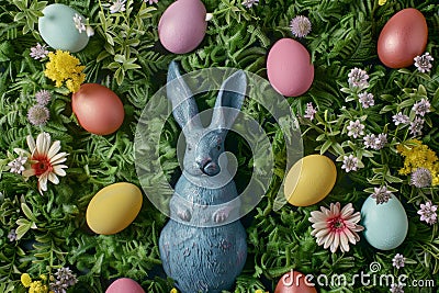 Happy easter Rose Mauve Eggs Aquilegia flowers Basket. White chocolate egg Bunny Resurrection. fuzzy toy background wallpaper Cartoon Illustration