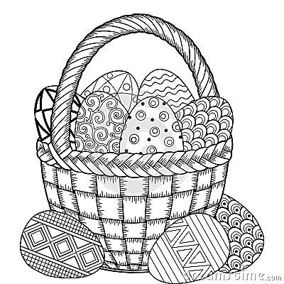 Happy Easter. Round frame of Black and White Doodle Easter Eggs and crocuses Coloring book for adults for relax and meditation. Ve Vector Illustration