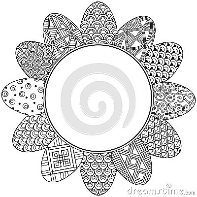 Happy easter. Round Vignette of Black and White Doodle Easter Eggs. Coloring book for adults for relax and meditation. Vector isol Vector Illustration