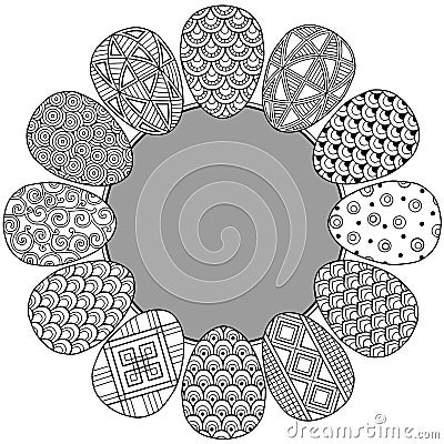 Happy easter. Round Vignette of Black and White Doodle Easter Eggs. Coloring book for adults for relax and meditation. Vector Illustration