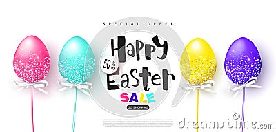 Happy Easter sale banner.Background with beautiful colorful eggs. Vector illustration for posters, coupons, promotional material. Cartoon Illustration