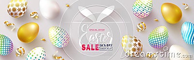 Happy Easter Sale banner.Beautiful Background with colorful eggs and golden serpentine. Vector illustration for website Vector Illustration