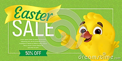 Happy Easter Sale web banner or flier template. Vector discount coupon illustration with cute chick showing on the discount offer Vector Illustration