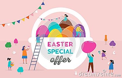 Happy Easter scene with families, kids. Easter sale event, promo Stock Photo