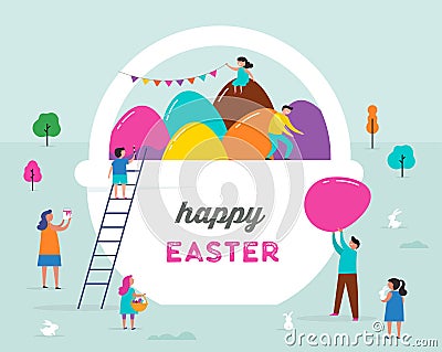 Happy Easter scene with families, kids. Easter street event, festival and fair design Stock Photo