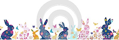 Happy Easter Seamless Background With Colorful Easter Bunny Silhouette Isolated On A White Background. Horizontally Repeatable Stock Photo