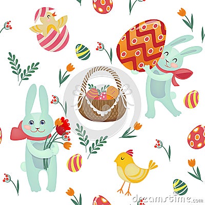 Happy Easter Seamless Pattern with Bunnies, Chicks, Eggs Vector Illustration