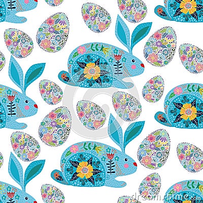 Happy Easter seamless pattern. Cartoon cute folk rabbit with decorative eggs on a white background. Vector Vector Illustration
