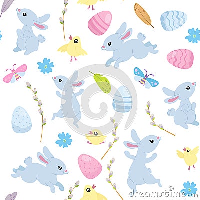 Happy Easter seamless pattern, cute blue bunnies and Easter eggs, willow trees, yellow chickens, bugs Vector Illustration