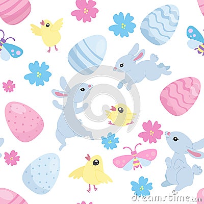 Happy Easter seamless pattern, cute blue bunnies and Easter eggs and yellow chickens, bugs Vector Illustration