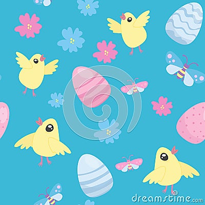 Happy Easter seamless pattern. cute Easter eggs, flowers, willow trees, yellow chickens, bugs on a blue background Vector Illustration