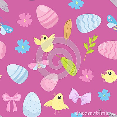 Happy Easter seamless pattern. cute Easter eggs, flowers, willow trees, yellow chickens, bugs on a pink background Vector Illustration