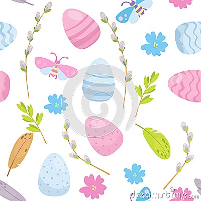 Happy Easter seamless pattern. Easter eggs, willow trees, bugs and flower Vector Illustration