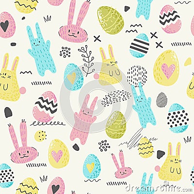 Happy Easter Seamless Pattern with Eggs, Bunny and Flowers. Spring Background for Fabric, Wrapping Paper, Greeting Cards Vector Illustration