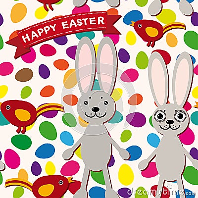 Happy Easter seamless pattern. Rabbit, eggs, bird, ribbon. Vector Illustration