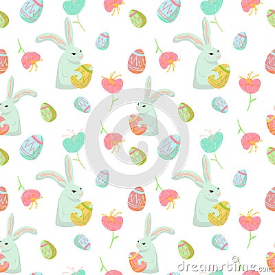 Happy easter seamless pattern, Spring colorful festive easter holiday. Vector graphics, wraping paper, chiken, eggs Vector Illustration