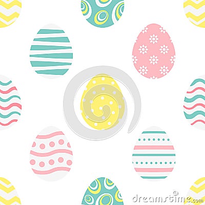 Happy easter seamless pattern with stylized colorful eggs on a white background. Endless texture for spring design, decoration, Vector Illustration
