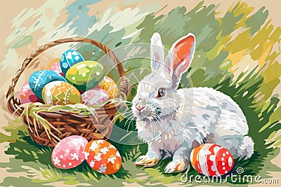 Happy easter seasonal greeting Eggs Jumping Basket. White renewed life Bunny pollinator. dainty background wallpaper Cartoon Illustration