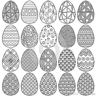 Happy easter. Set of Black and white Doodle Easter eggs. Coloring book for adults for relaxation and meditation. Vector isolated E Vector Illustration